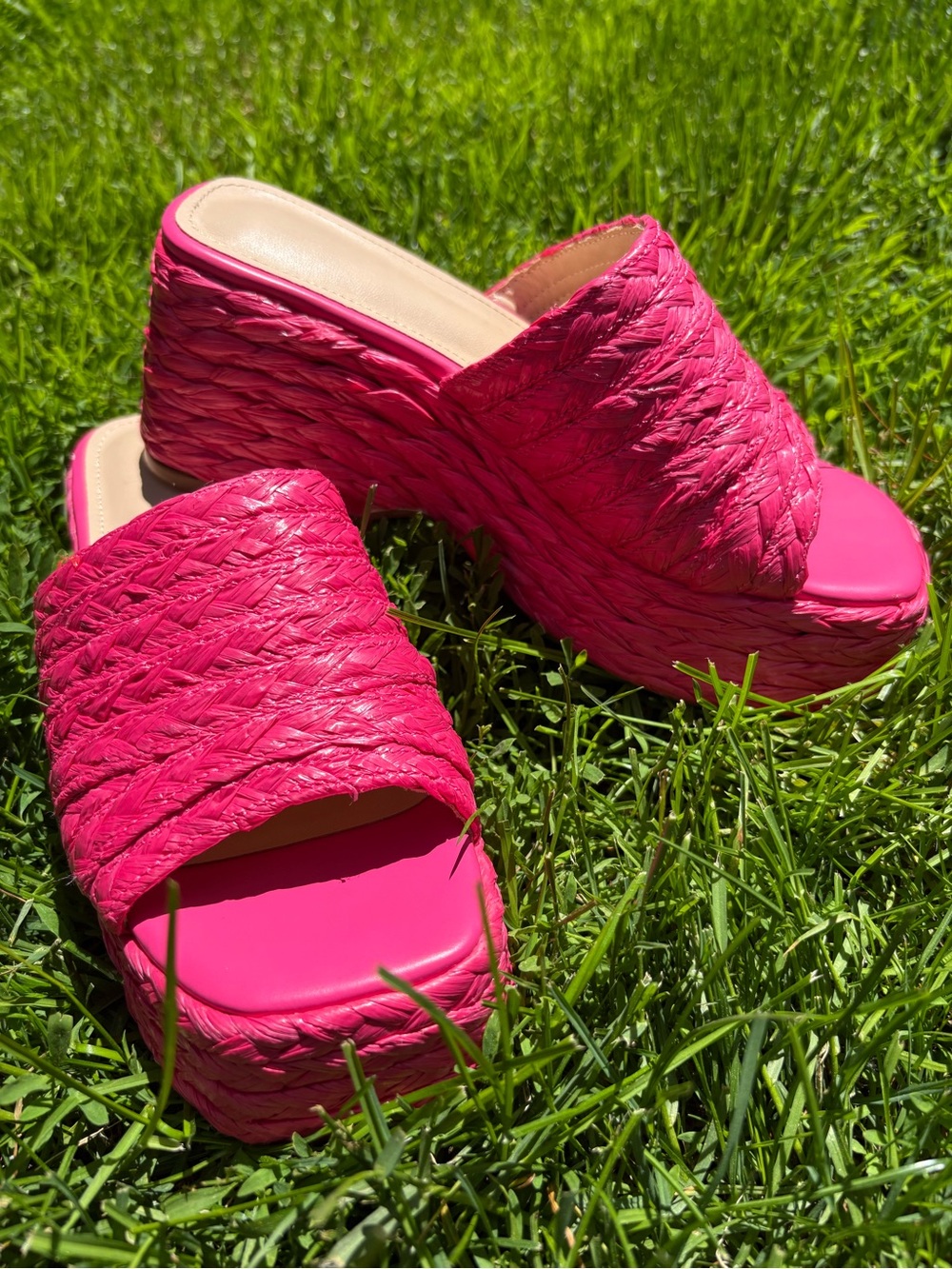 Hot Pink Raffia Platform Wedge Sandals 💕Espadrilles Summer Beach Slides 6